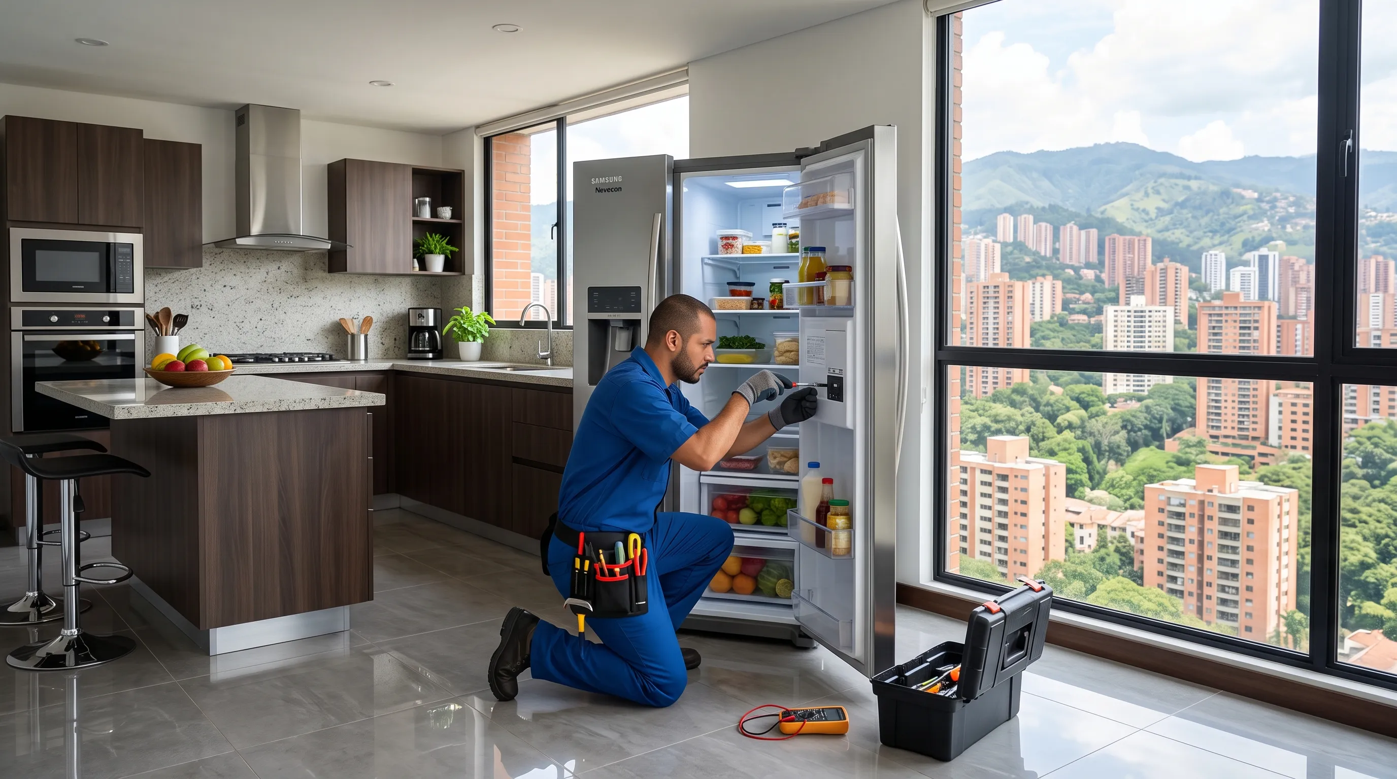 Técnico Samsung reparando nevera a domicilio en Medellín