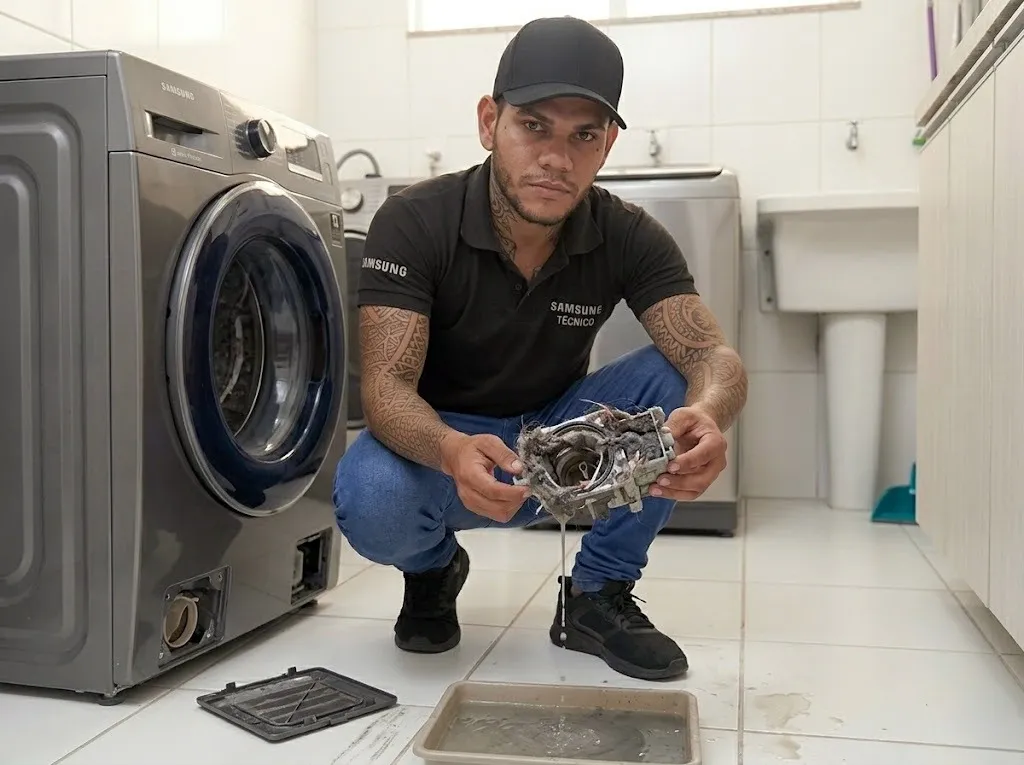 Técnico reparando una lavadora Samsung a domicilio en Caldas, Antioquia