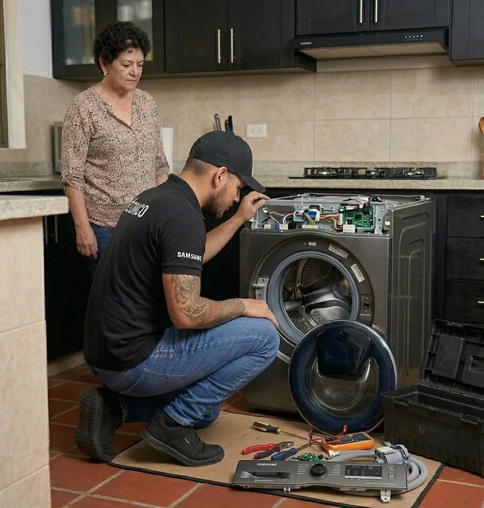 Técnico reparando una lavadora Samsung a domicilio en Envigado, Antioquia
