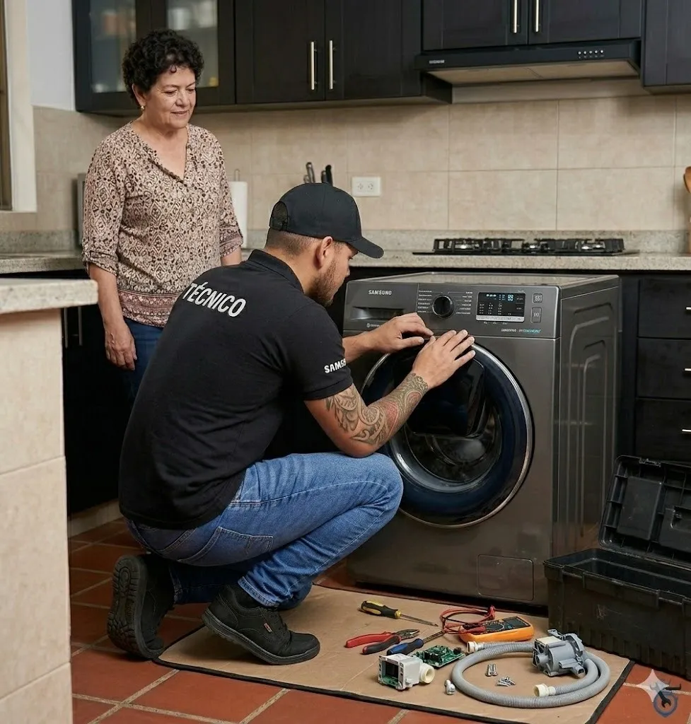 Técnico reparando una lavadora Samsung a domicilio en Bello, Antioquia